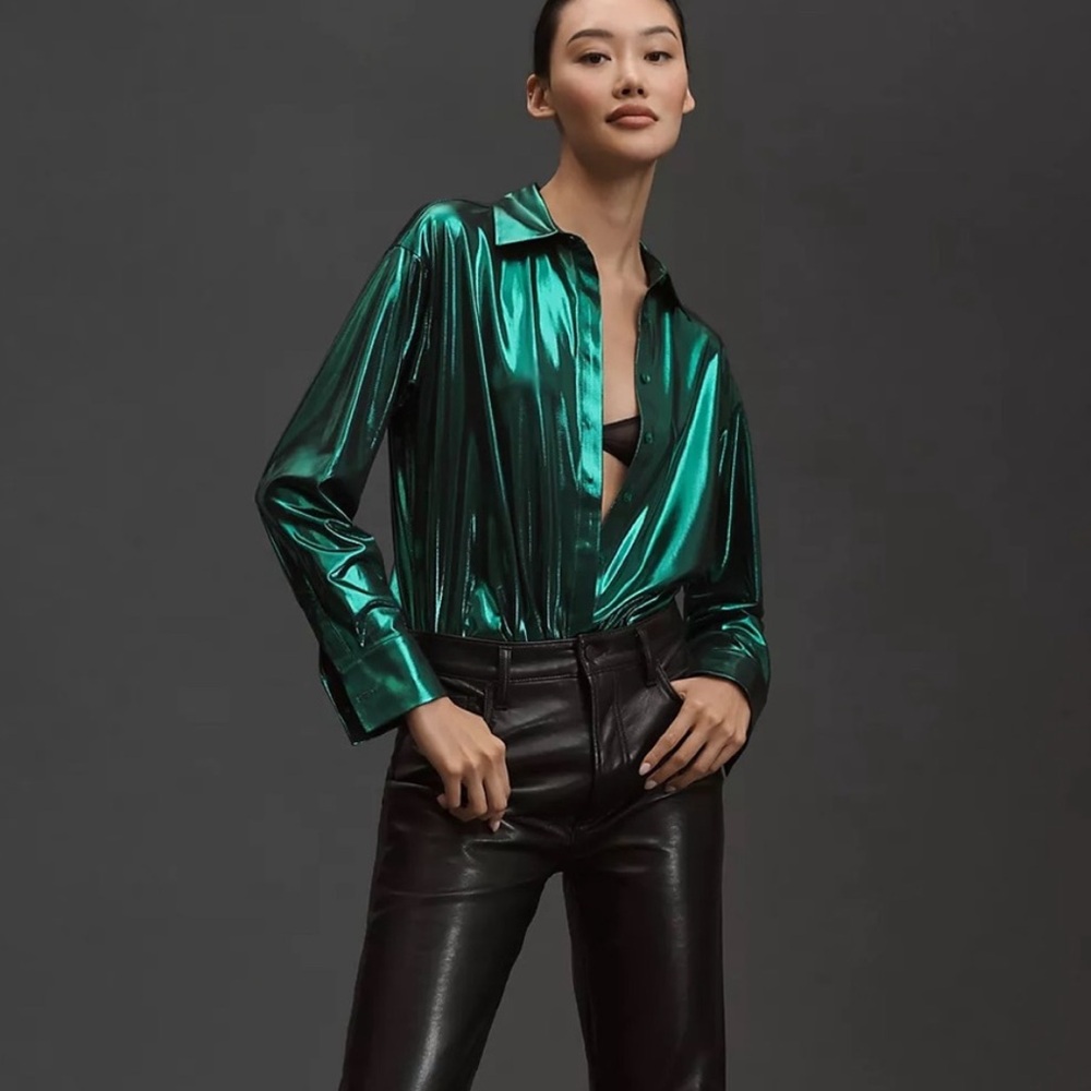 Anthropologie Metallic Emerald Green Button-Up Shirt